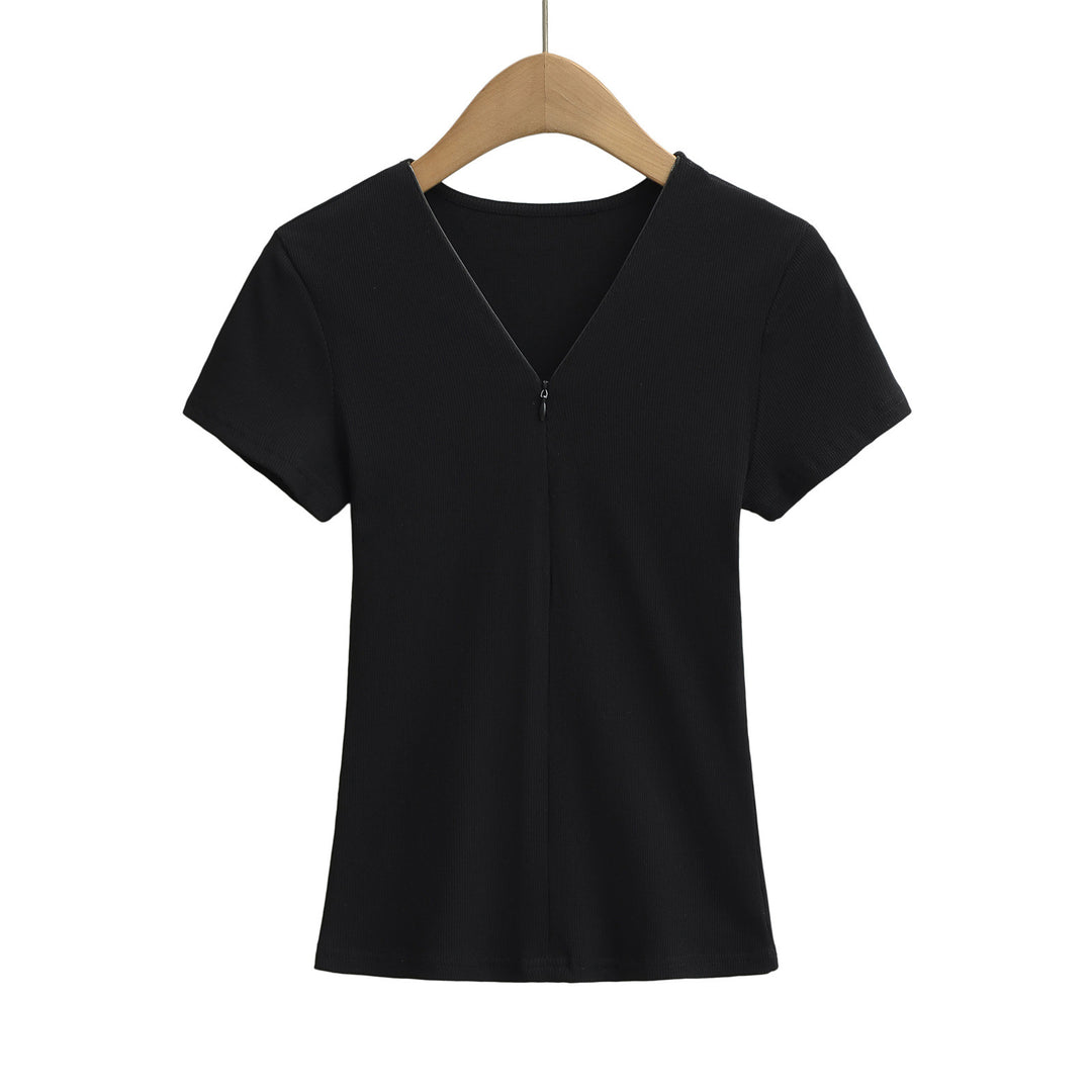 Dame Strik-T-shirt med V-hals og lynlås Stilla