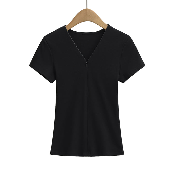 Dame Strik-T-shirt med V-hals og lynlås Stilla