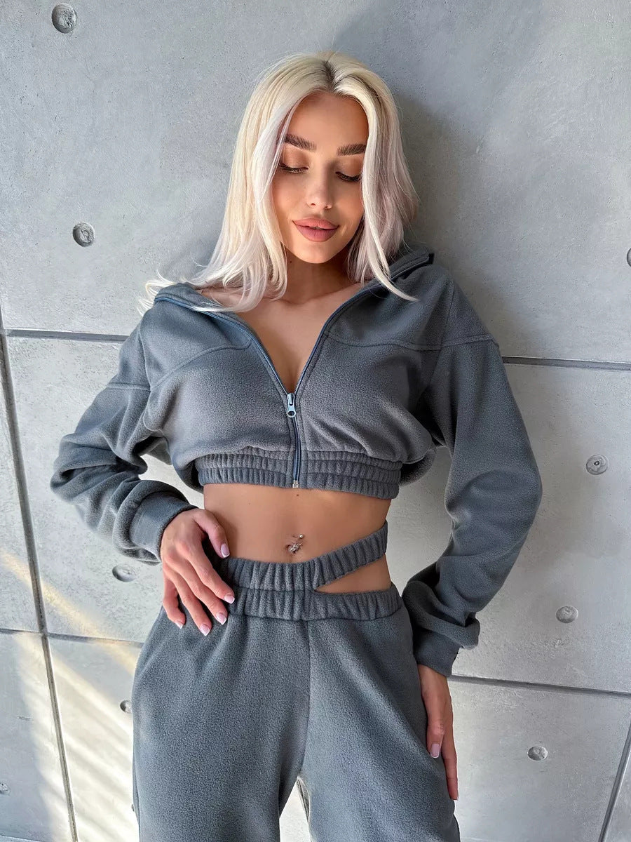 Kvinders sporty fleece crop top og joggingbukser sæt Skovae