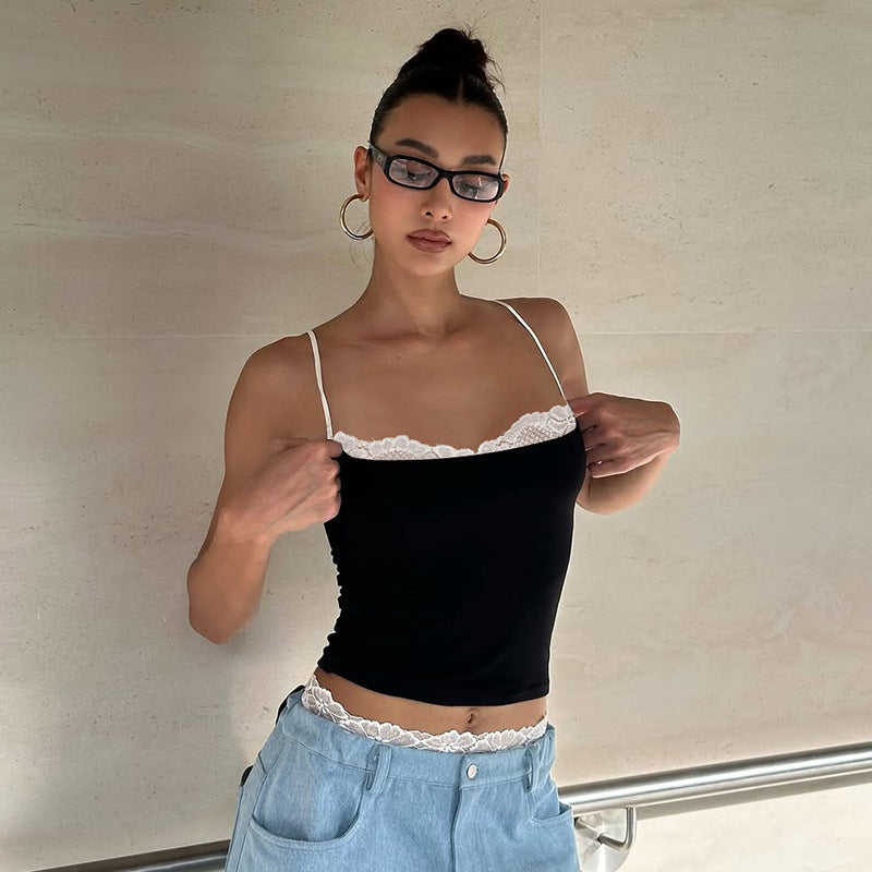 Damer Crop-Top med delikat spidskant og smalle stropper Skovae