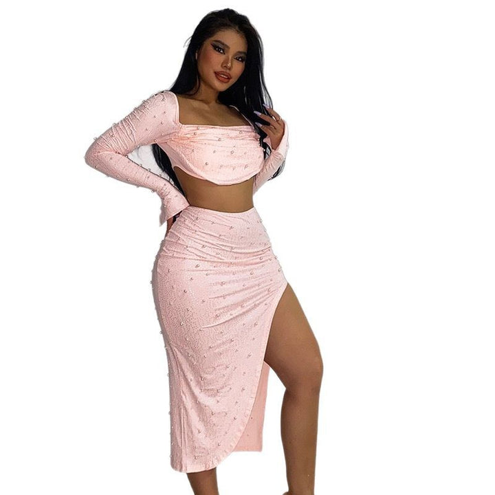 Dame Elegant Crop-top med lange, gennemsigtige ærmer og glitrende accenter Skovae