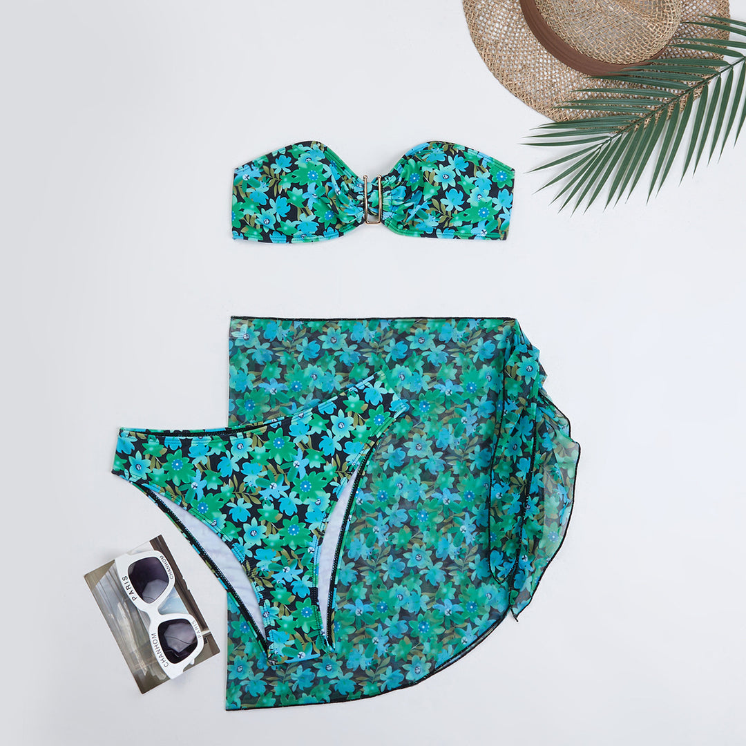 Dame bikini sæt med blomster mønster og indpaknings nederdel Stilla