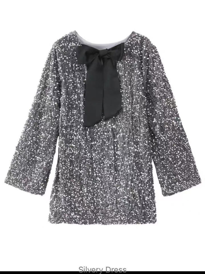 Dame Glamourøs Mini Kjole med Funklende Palietter og Elegante Puff Ærmer