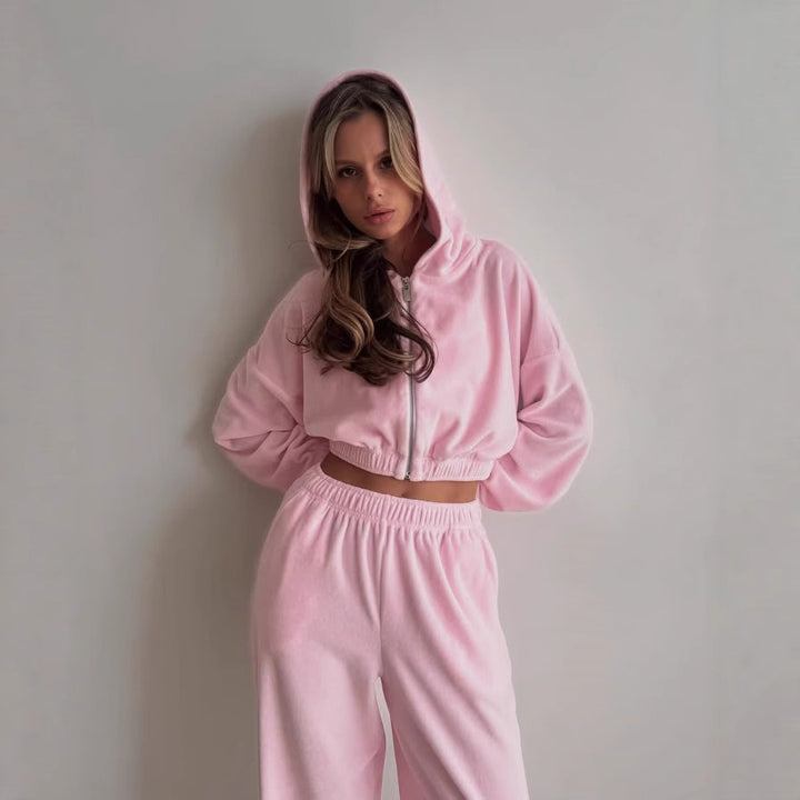 Kvinders sporty fleece sæt med lynlås og elastisk talje Skovae
