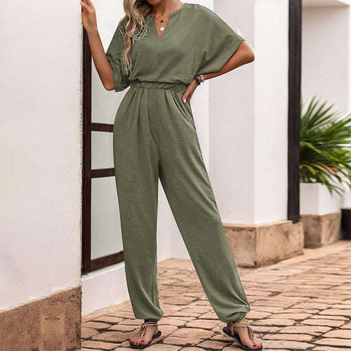 Dame Stilfuld V-Hals Jumpsuit med Elastisk Liv og Vidde Ben Stilla