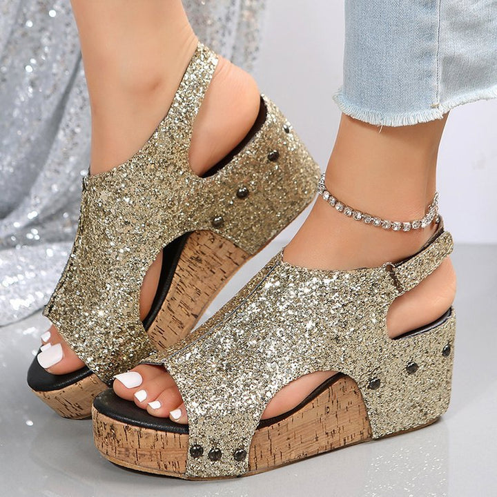 Dame Wedge-Pantoletten med glimrende glimmermateriale og anatomisk fodseng Stilla