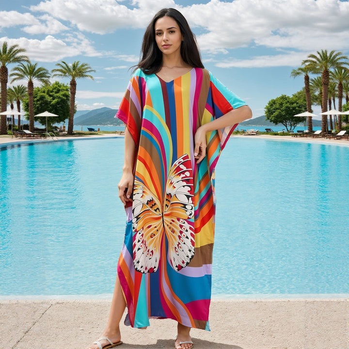Dame Strandkaftan med farverigt sommerfugletryk Stilla