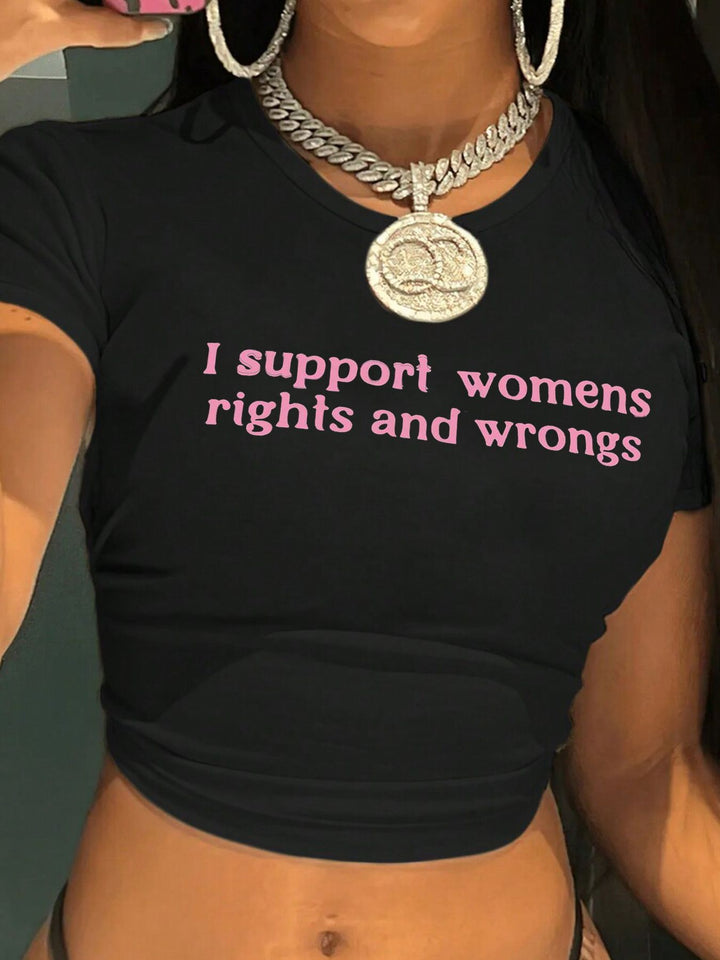 Dame Crop-T-shirt med kreativ læbe motiv og tætsiddende snit Skovae
