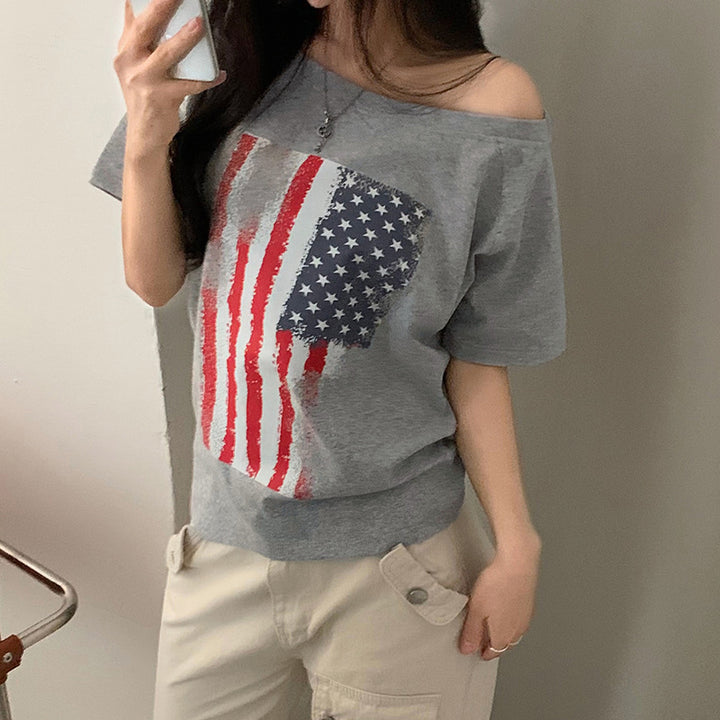 Dame afslappet T-shirt med amerikansk flag-design og blødt bomuldsmateriale Skovae