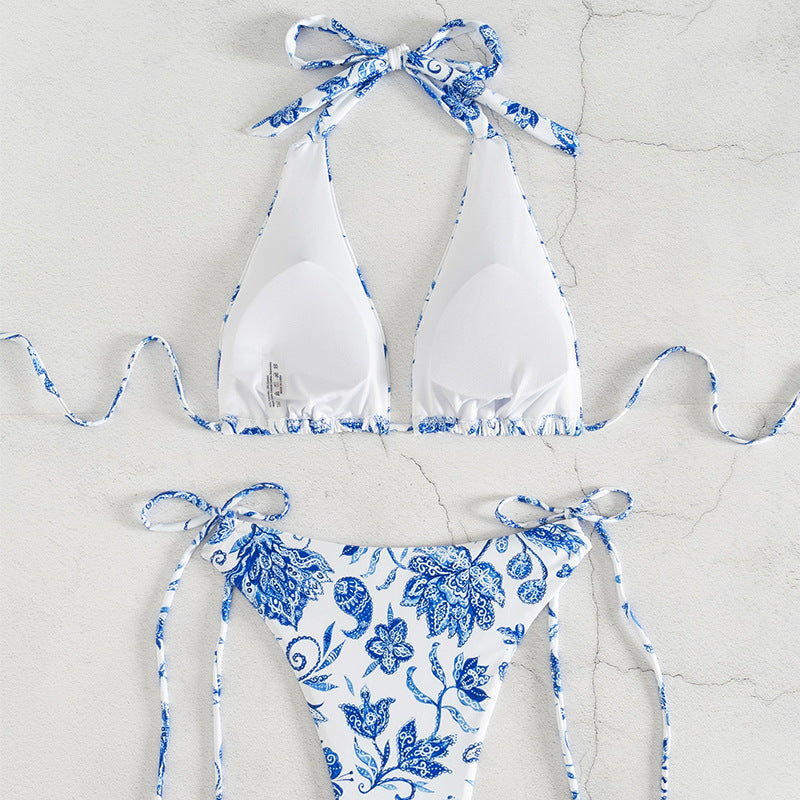 Dame Triangel-Bikini-Sæt med legende blomsterdesign og elegante bindebånd Skovae