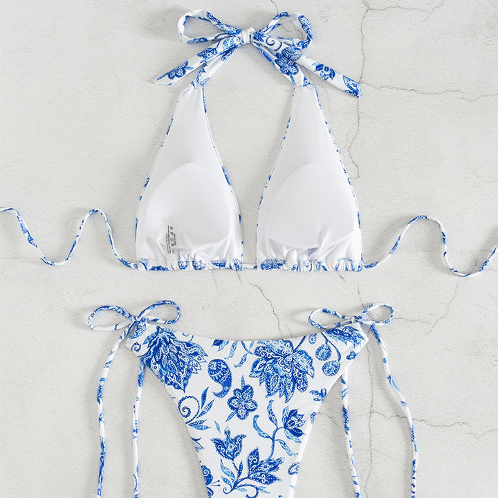 Dame Triangel-Bikini-Sæt med legende blomsterdesign og elegante bindebånd Skovae