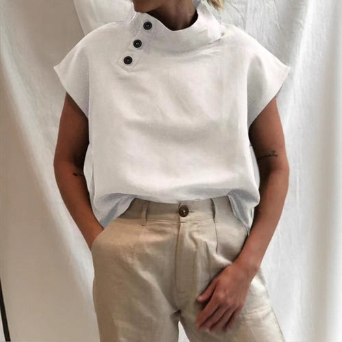 Dame moderne bluse med høj krave og elegante knapdetaljer Skovae