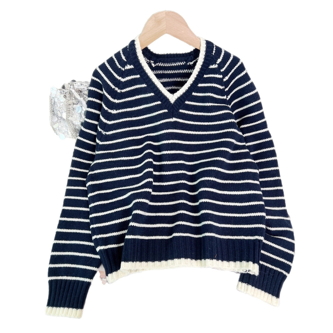 Kvinder stribet V-hals sweater i afslappet stil Stilla