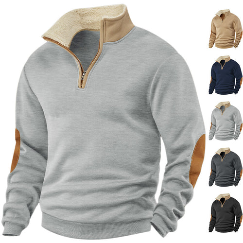 Herre nan fleece-halvzip-trøje med sherpa-krave og albue-patches Skovae