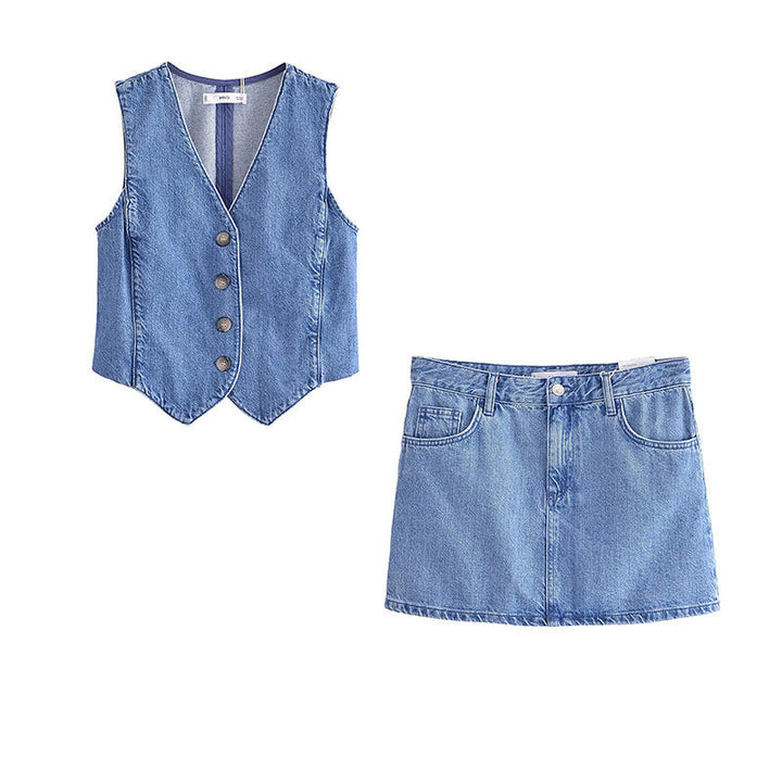 Stilla | Trendy Forår Denim Vest Skørt Sæt