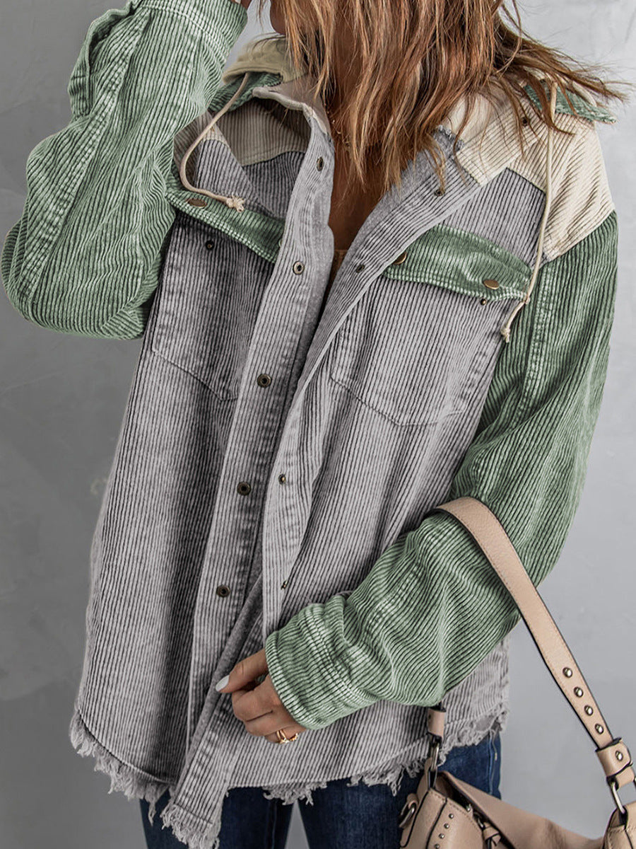 Stilla | Jakke med hætte Oversized Fit Cord-struktur Knaplukning Frynsekrans