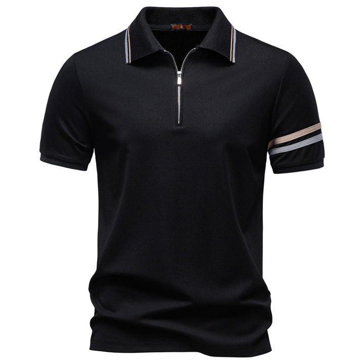 Herren nan åndbart elastisk poloshirt med kort lynlås og kontraststriber på ærmer Skovae