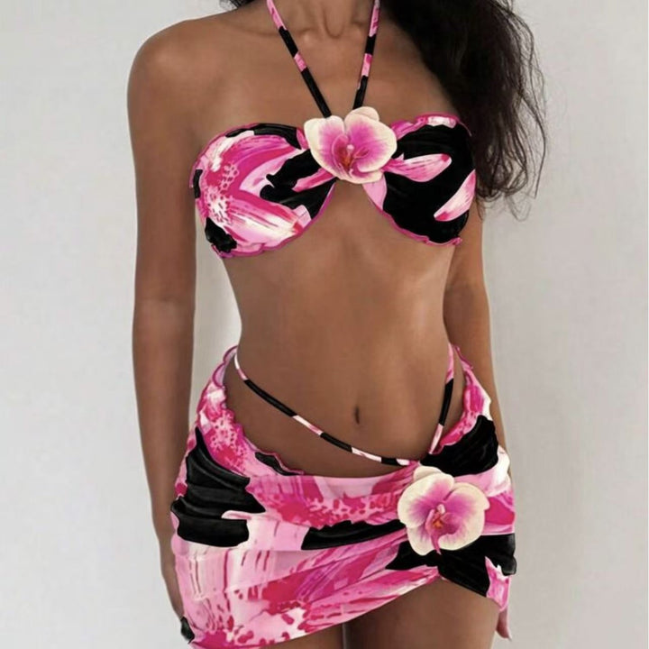 Dame bikini-sæt med floralt design og legesyg omslagsskjørt Skovae