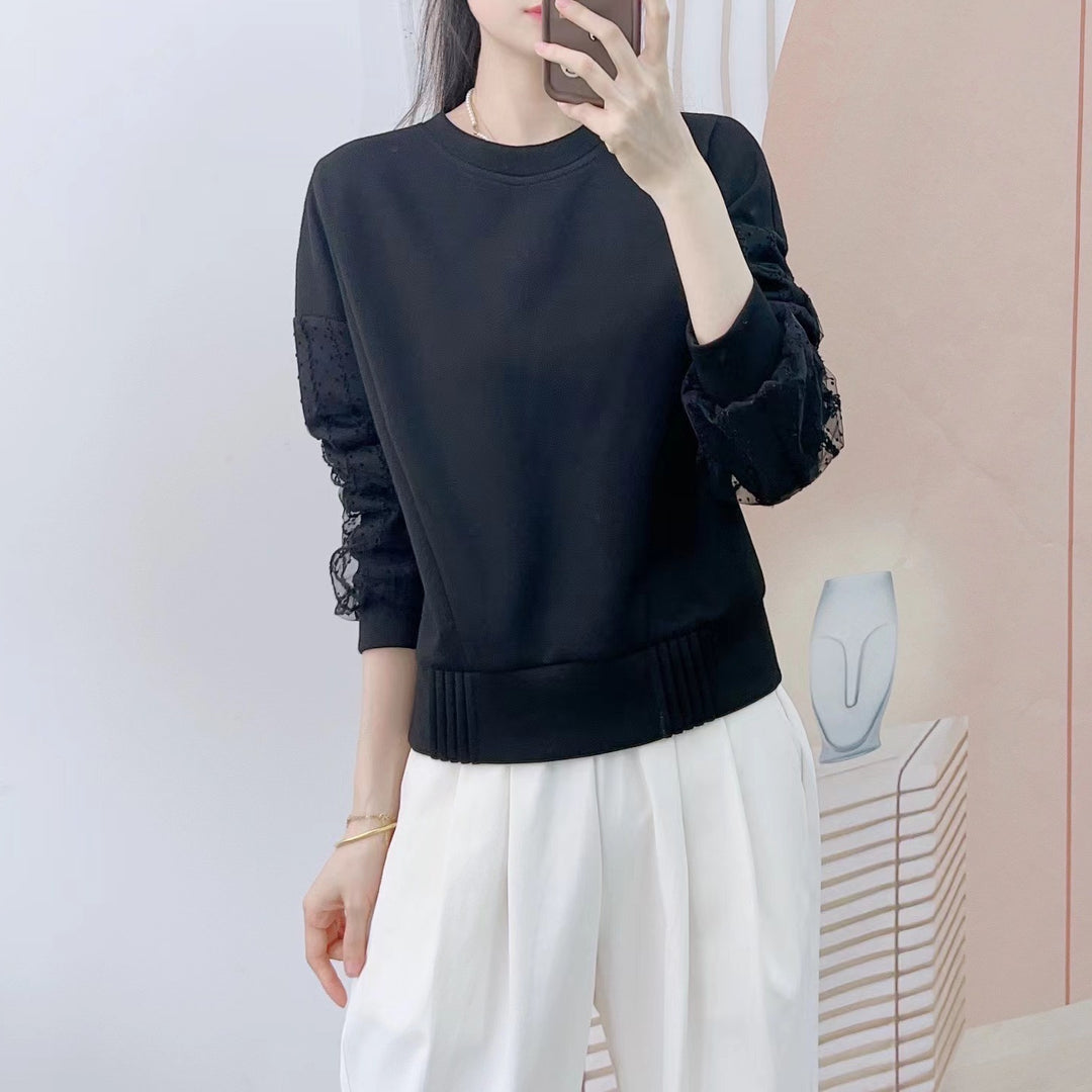 Dame sweatshirt med fine spidsede detaljer og elegant bånd Stilla