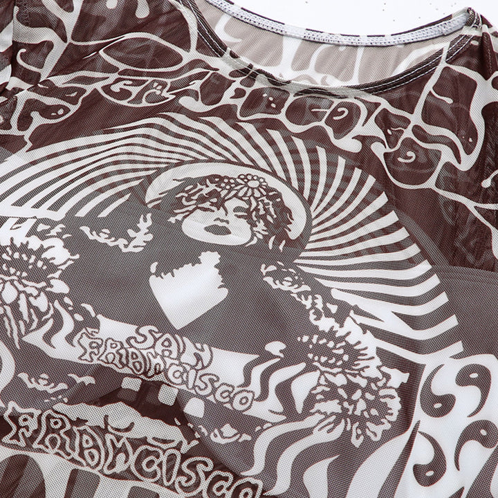 Dame Sporty Crop-Top med lange ærmer og elegant print Skovae