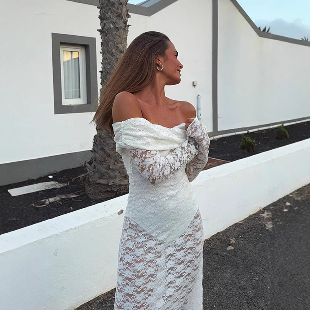 Dame Rynked Maxikjole med off-shoulder design og voluminøse ærmer Stilla