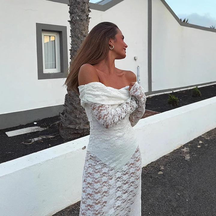 Dame Rynked Maxikjole med off-shoulder design og voluminøse ærmer Stilla