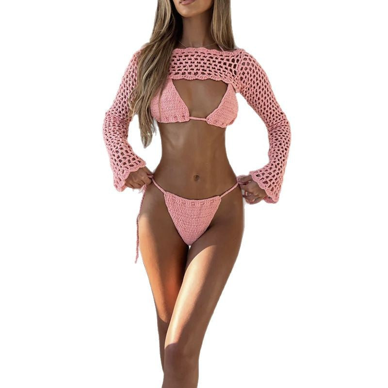 Dame elegant hæklede bikini-sæt med gennemboret top og justerbare stropper Skovae