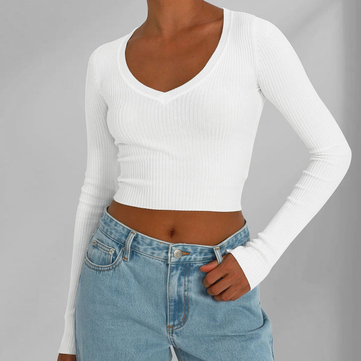 Dame figurtilpasset rib-crop-top med V-udskæring og lange ærmer Stilla