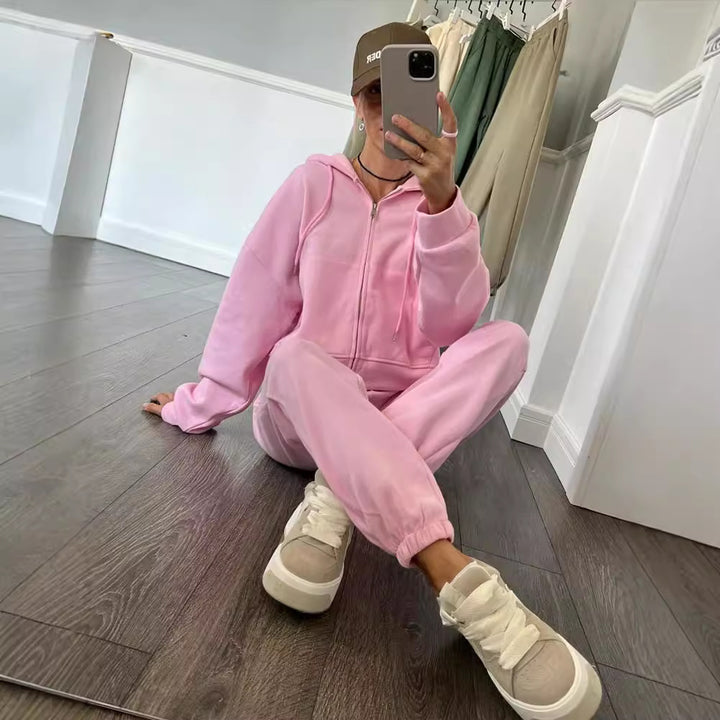 Dames sporty hoodie sæt med høj talje og praktiske lommer Skovae