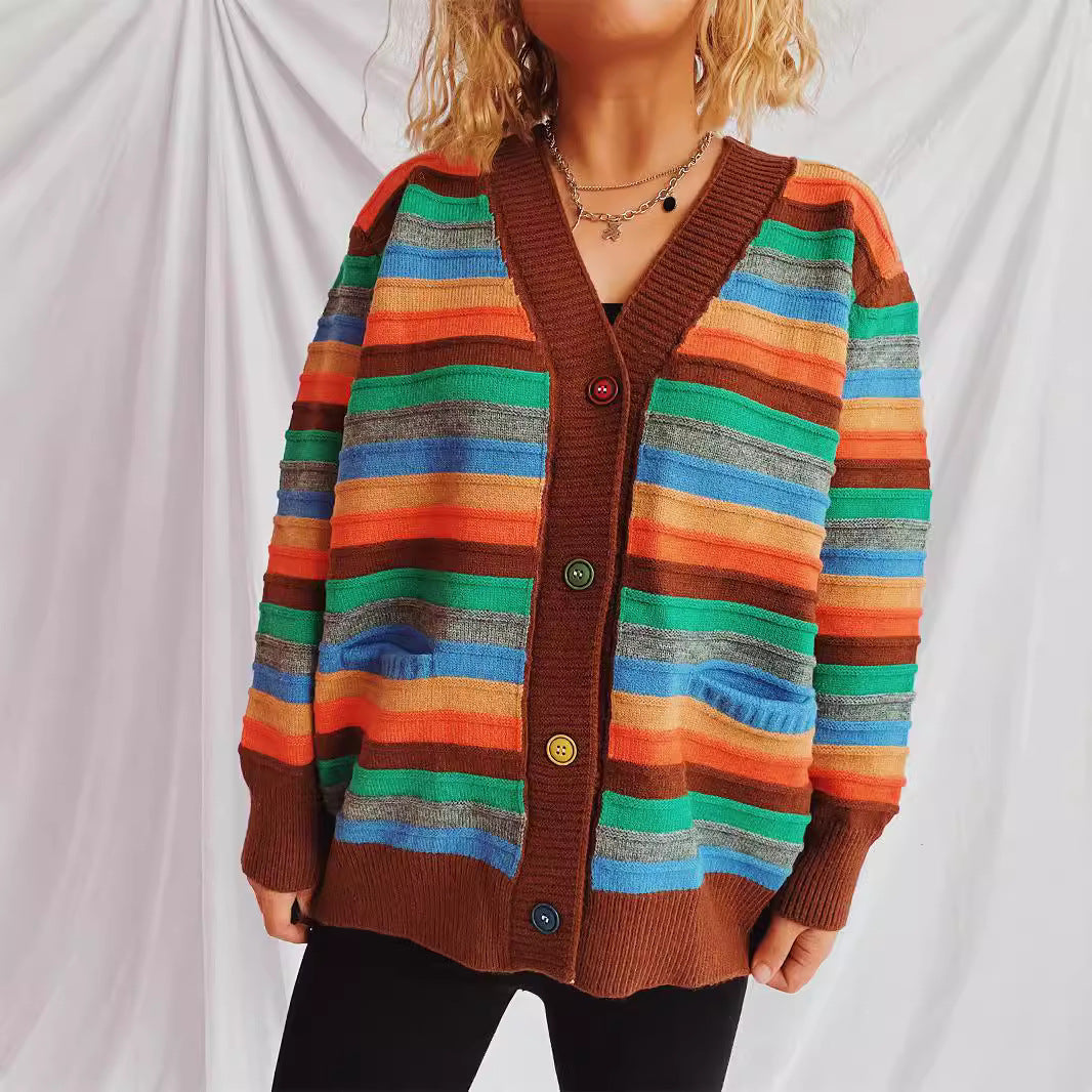 Kvinder casual cardigan med farverigt stribemønster og løs pasform Stilla