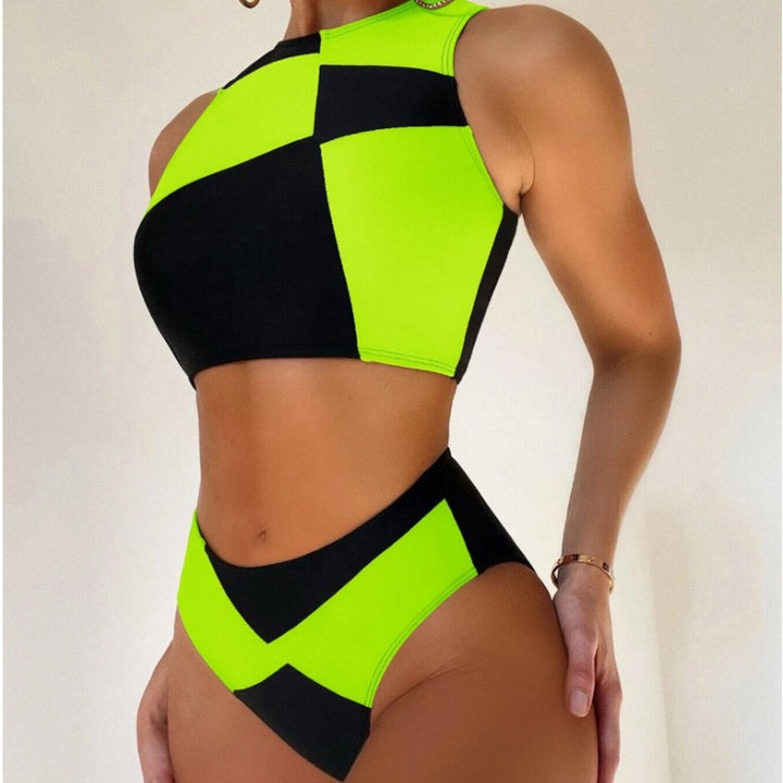 Dame Sporty Bikini-sæt med højhalset top og geometrisk design Stilla