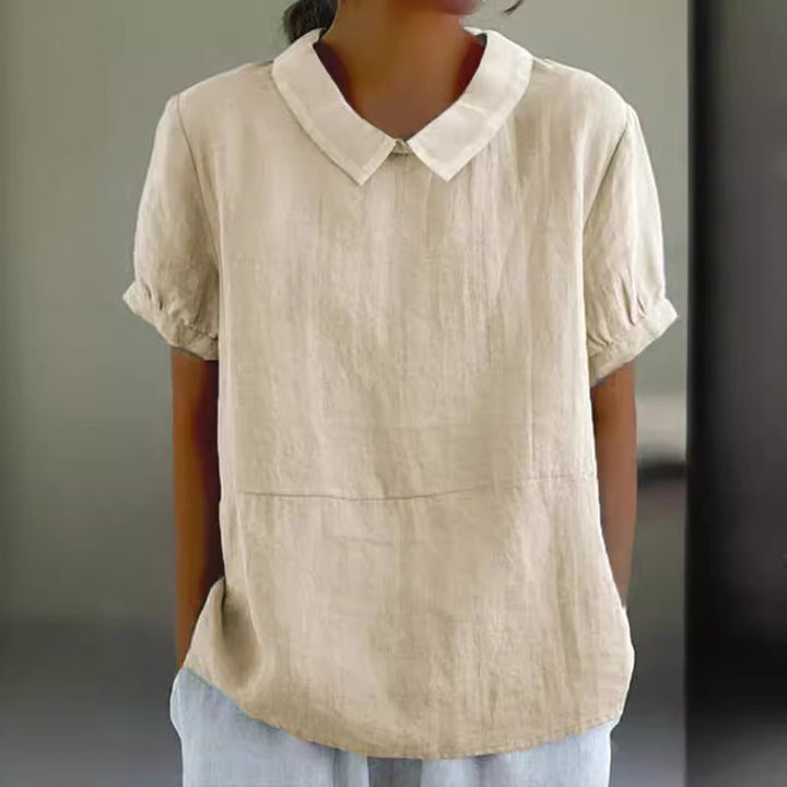 Dame afslappet bluse i let hørstof med elegante kraver Stilla