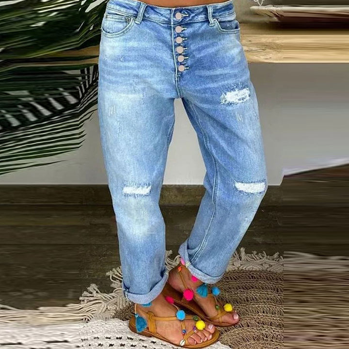 Dame Boyfriend Jeans med knaplukning og distressed effekter Stilla