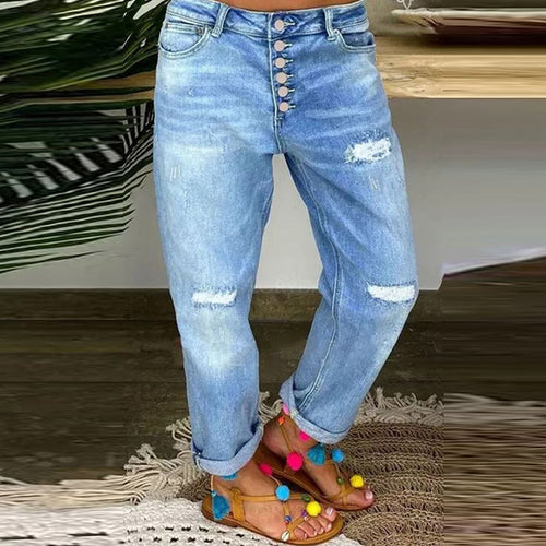 Dame Boyfriend Jeans med knaplukning og distressed effekter Stilla