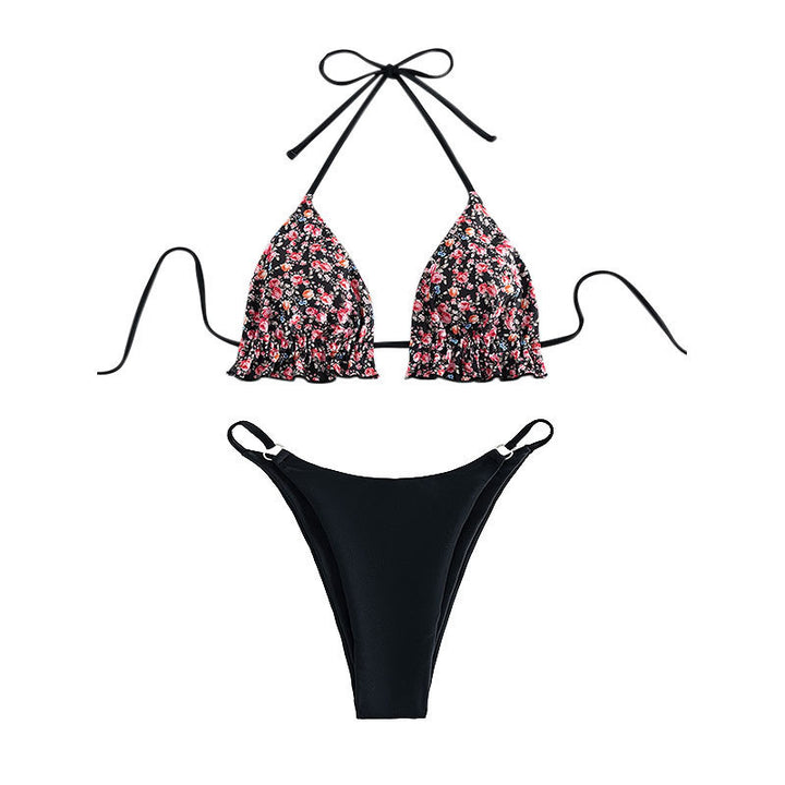 Dame trekant-bikini med blomster-oberteil og højt skåret trusse Skovae