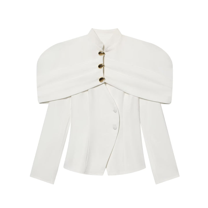 Dame elegant blazerjakke med oversized skulderklapper og gyldne knapdetaljer Skovae