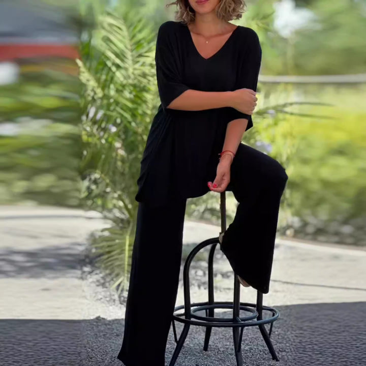 Damer nan to-delt rejse- og loungewear-sæt lavet af blød ribjersey med longline-tunika og palazzo-bukser Skovae