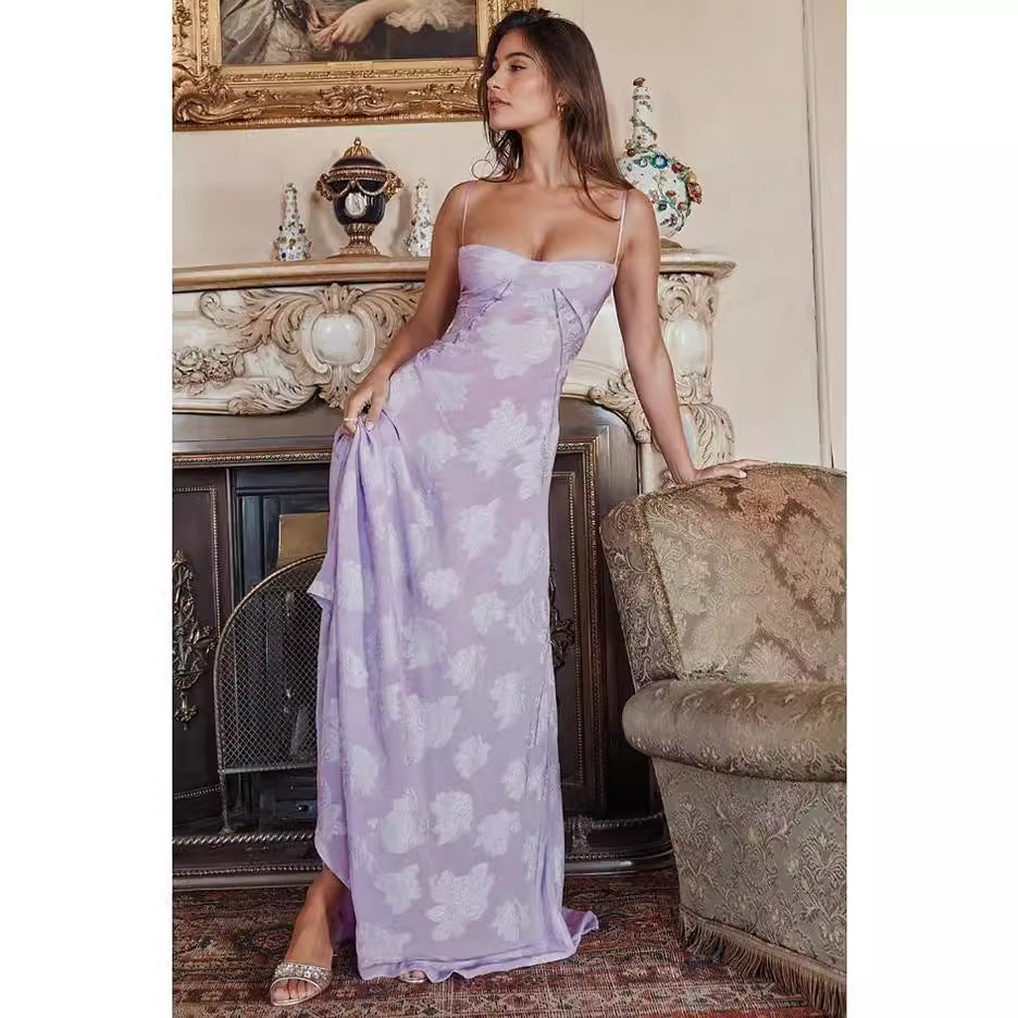 Kvinders Maxi Cocktail Kjole med Blomster Chiffon og Slanke Spaghetti Stropper