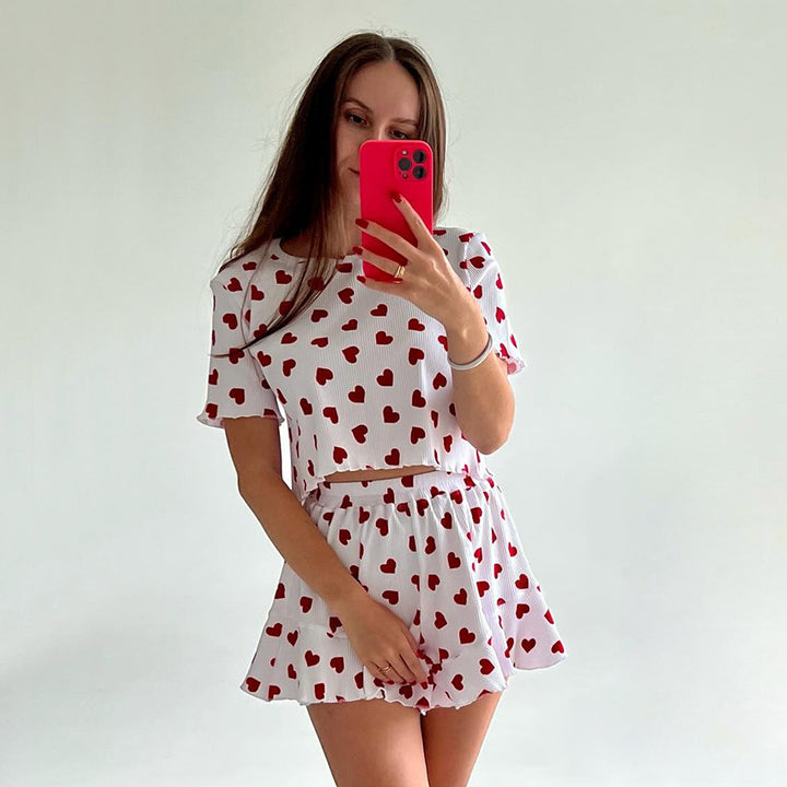 Dame outfit-sæt med hjerte mønster og voluminøs skater-nederdel Stilla