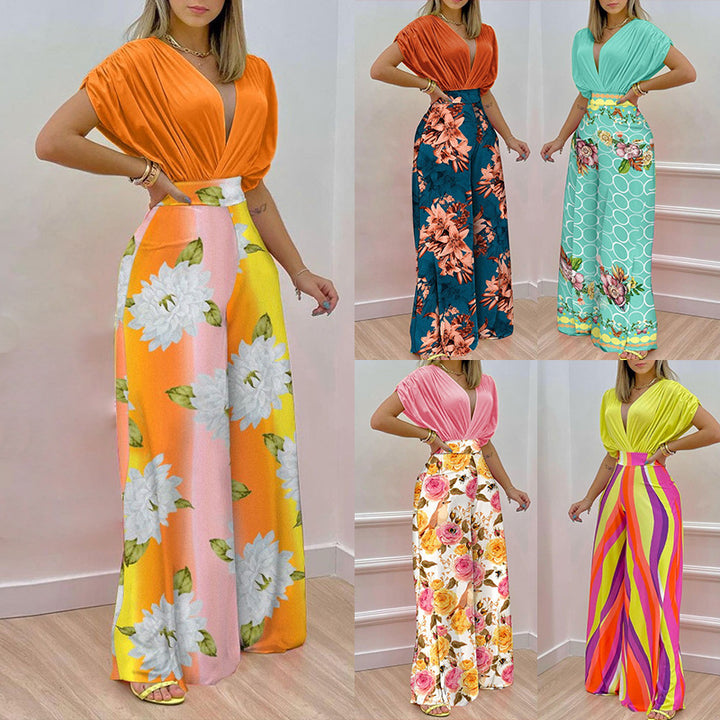 Damer Elegant Jumpsuit med Dyb V-Hals og Bred Skåret Ben Stilla