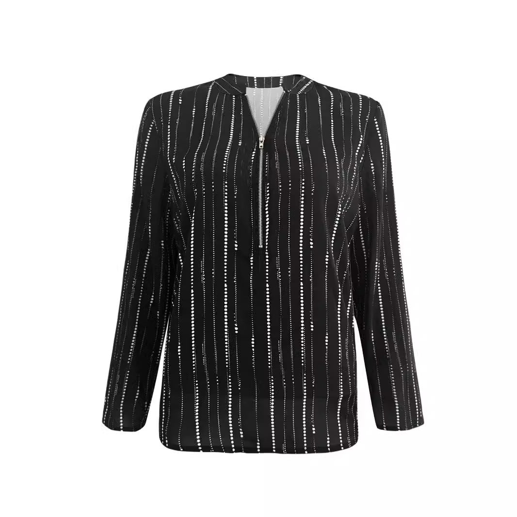 Dame langærmet bluse med elegant opstående krave og stribet mønster Stilla