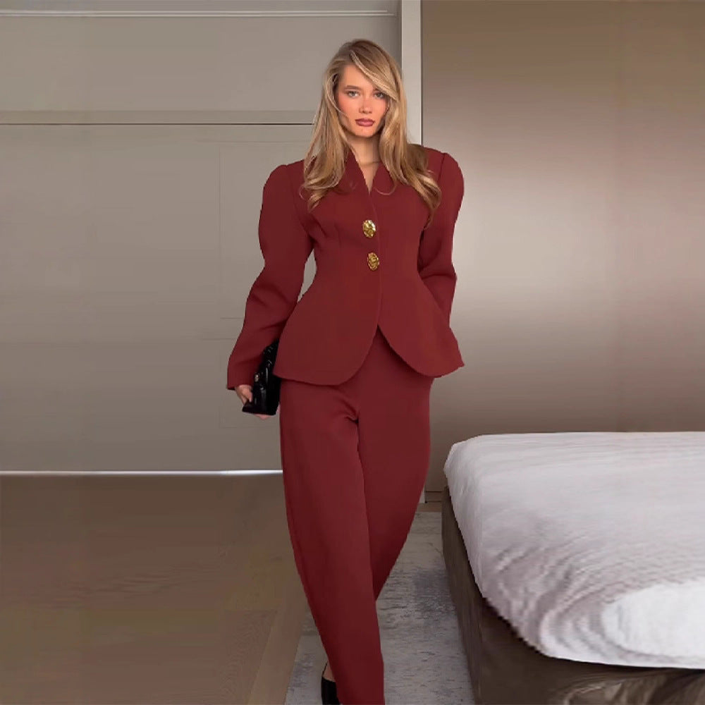 Kvinder Elegant Blazer og Bukser Sæt med Guldknapper Stilla