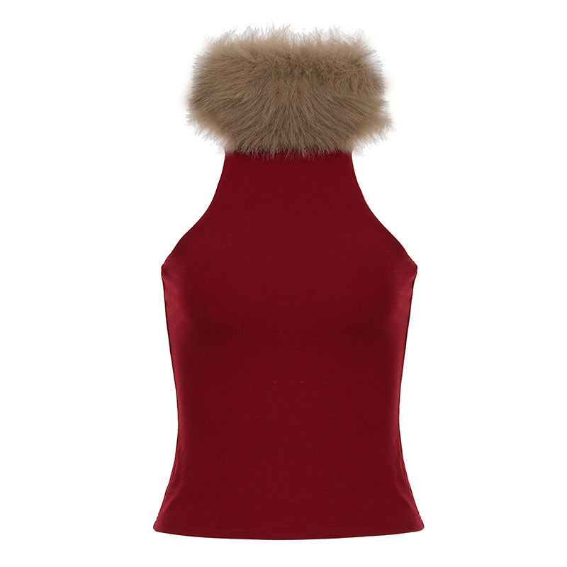 Damen elegantes langes Abendkleid mit raffiniertem Halter-Design und luxuriösem Kunstfellkragen Skovae