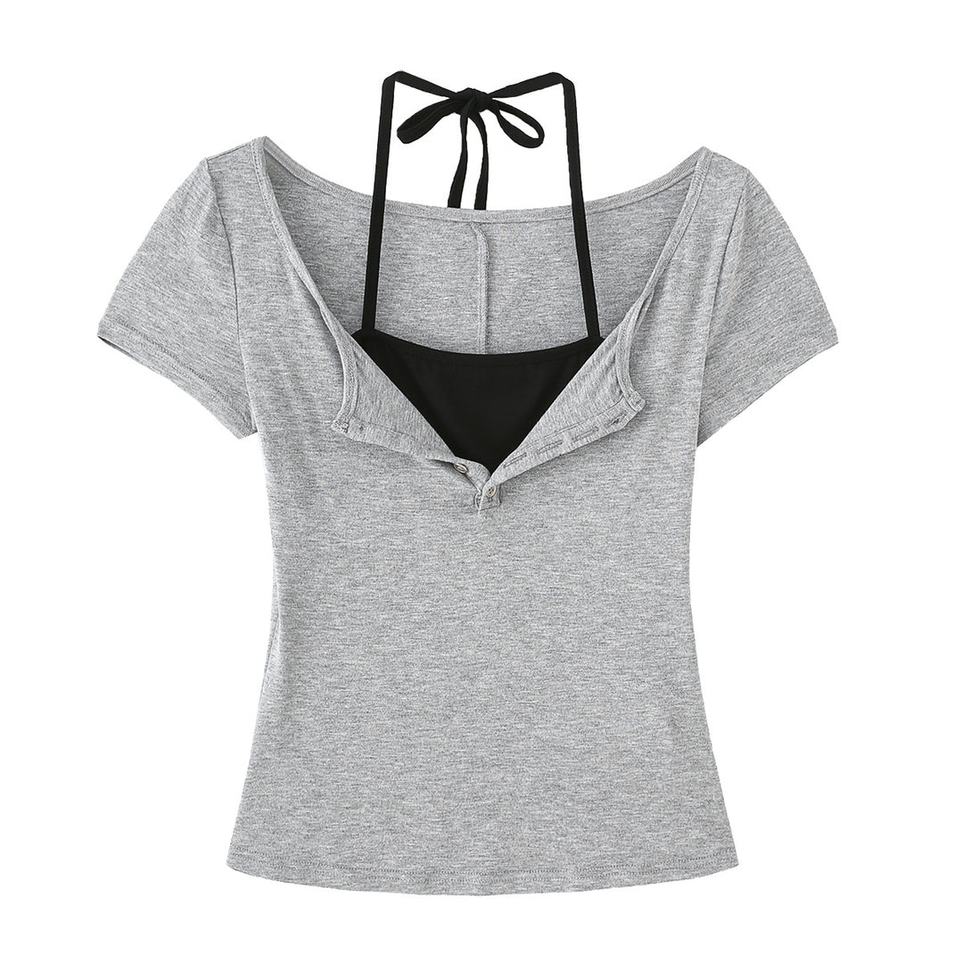 Dame Cropped T-shirt med justerbare spaghetti-stropper og knapdetaljering Stilla