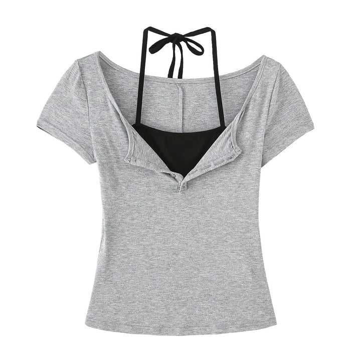 Dame Cropped T-shirt med justerbare spaghetti-stropper og knapdetaljering Stilla