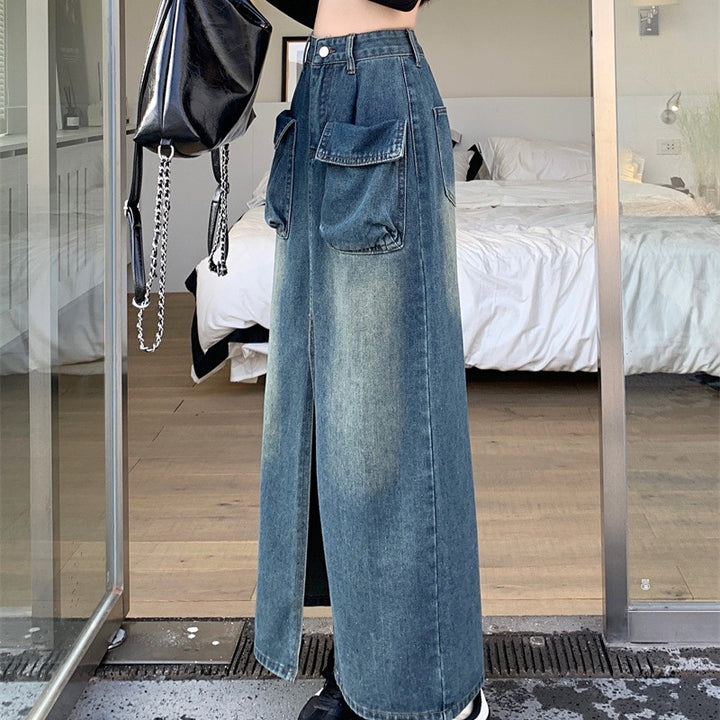 Kvinders lange denimnederdel med praktiske patchlommer Stilla