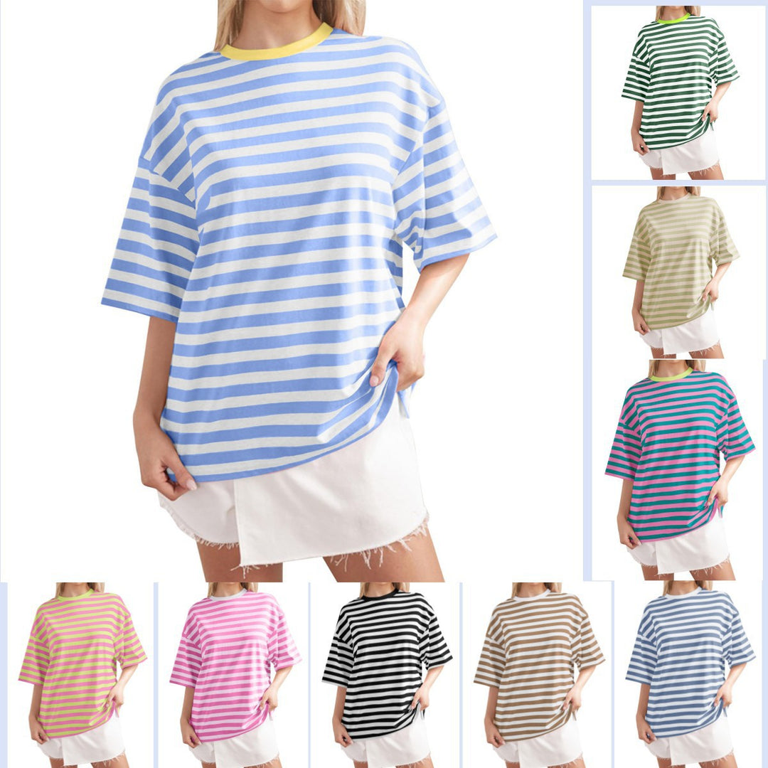 Dame Oversized stribet T-shirt med rund halsudskæring og korte ærmer Stiila
