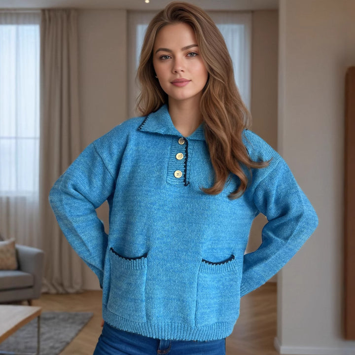 Kvinders afslappede strikket sweater med knaplukning og påsynede lommer Stilla