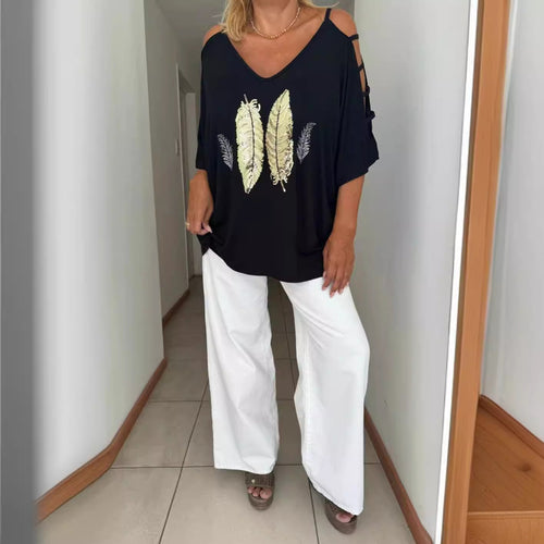Dame Lækkert top medFashion fjer motiv Stilla