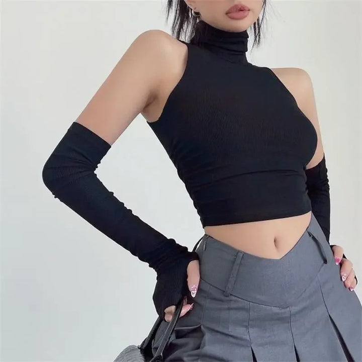 Dame Langærmet Crop-Top med høj krave og tætsiddende snit Skovae
